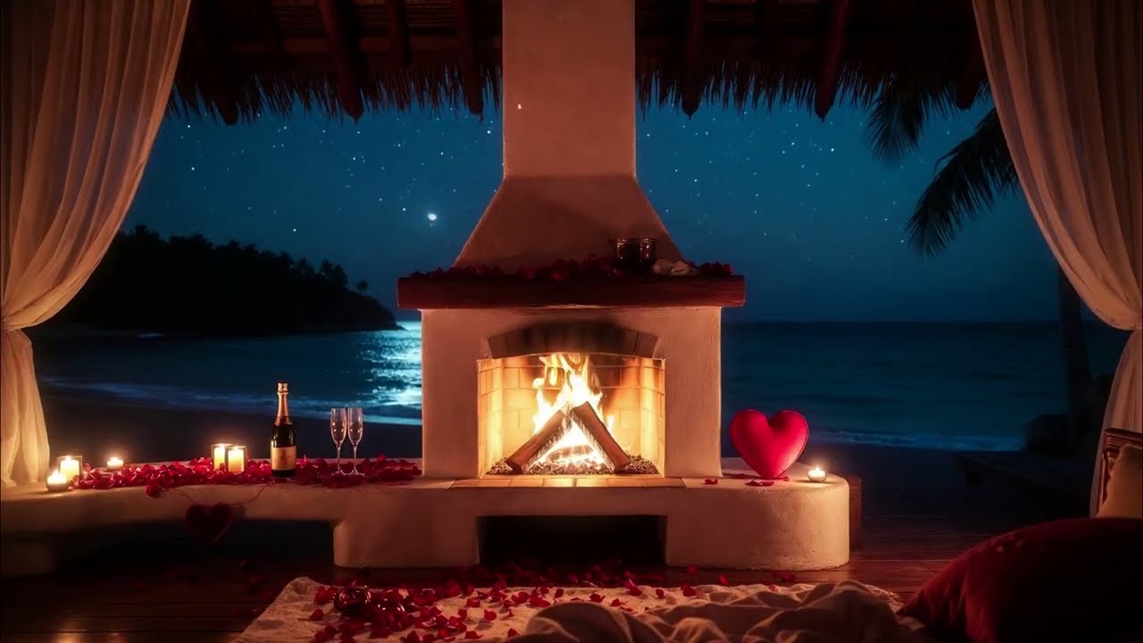 Valentine's Day Fireplace on Tropical Island ❤️ Cozy Fire, Ocean Waves Background Ambience, 3hrs
