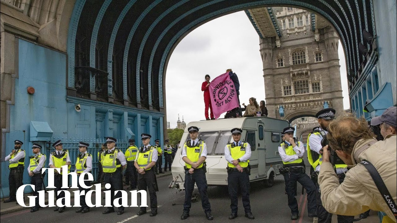 Aerial footage shows Extinction Rebellion protesters blocking Tower Bridge in London