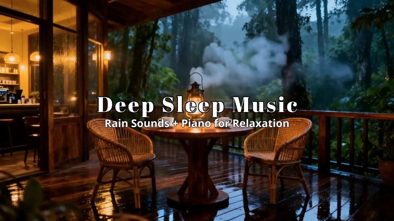 Relaxing Piano and Soft Rain at Tranquil Forest Bistro Terrace for Anxiety Relief | Dark Cozy