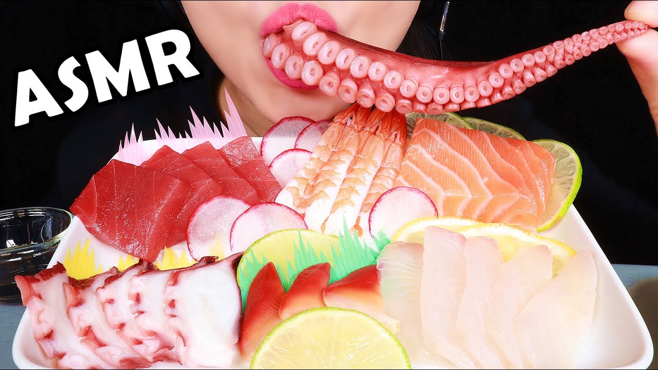 ASMR EATING SOUNDS RAW FISH SASHIMI PLATTER お刺身盛り合わせ 회 리얼사운드 먹방 RAW SALMON TUNA OCTOPUS SHRIMP 咀嚼音