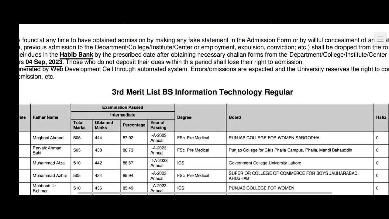 #UOS 3rd merit list of BS IT 1st semester fall admissions 2023.#uos  #meritlists