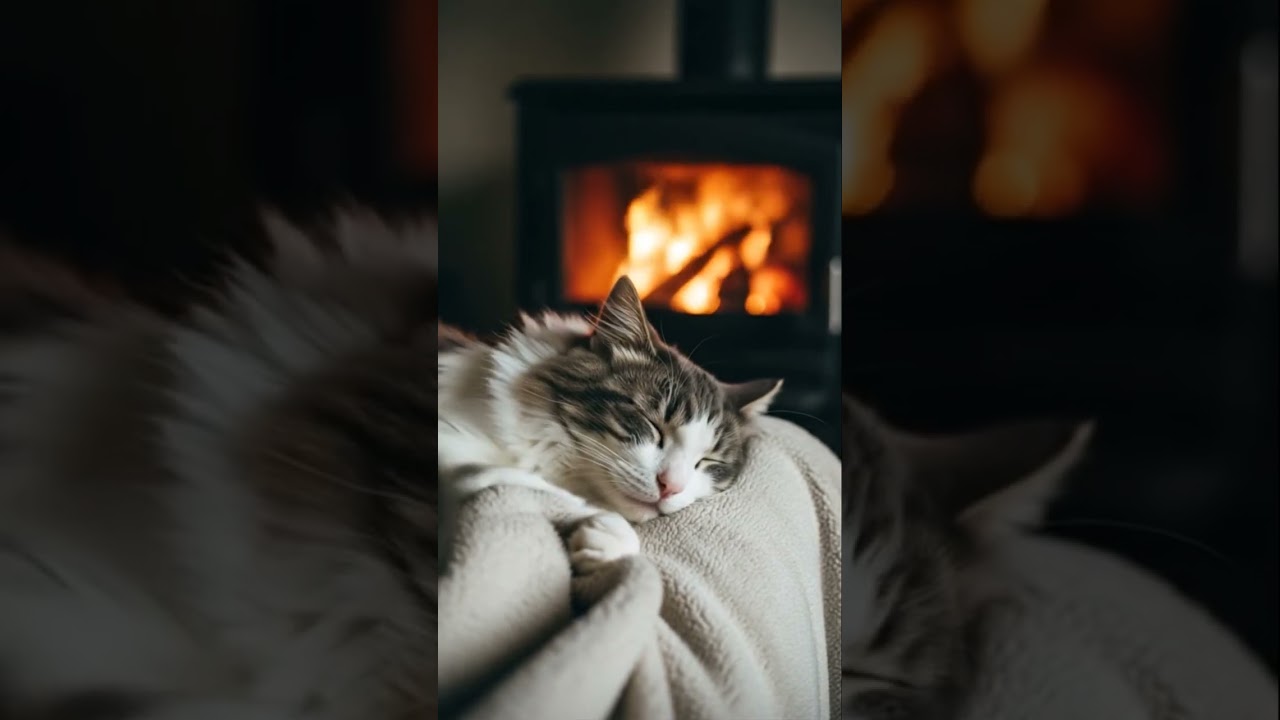 Cozy Fireplace & Sleeping Cat 😴 Crackling Fire Sounds with Gentle Purring | Relaxing Ambience