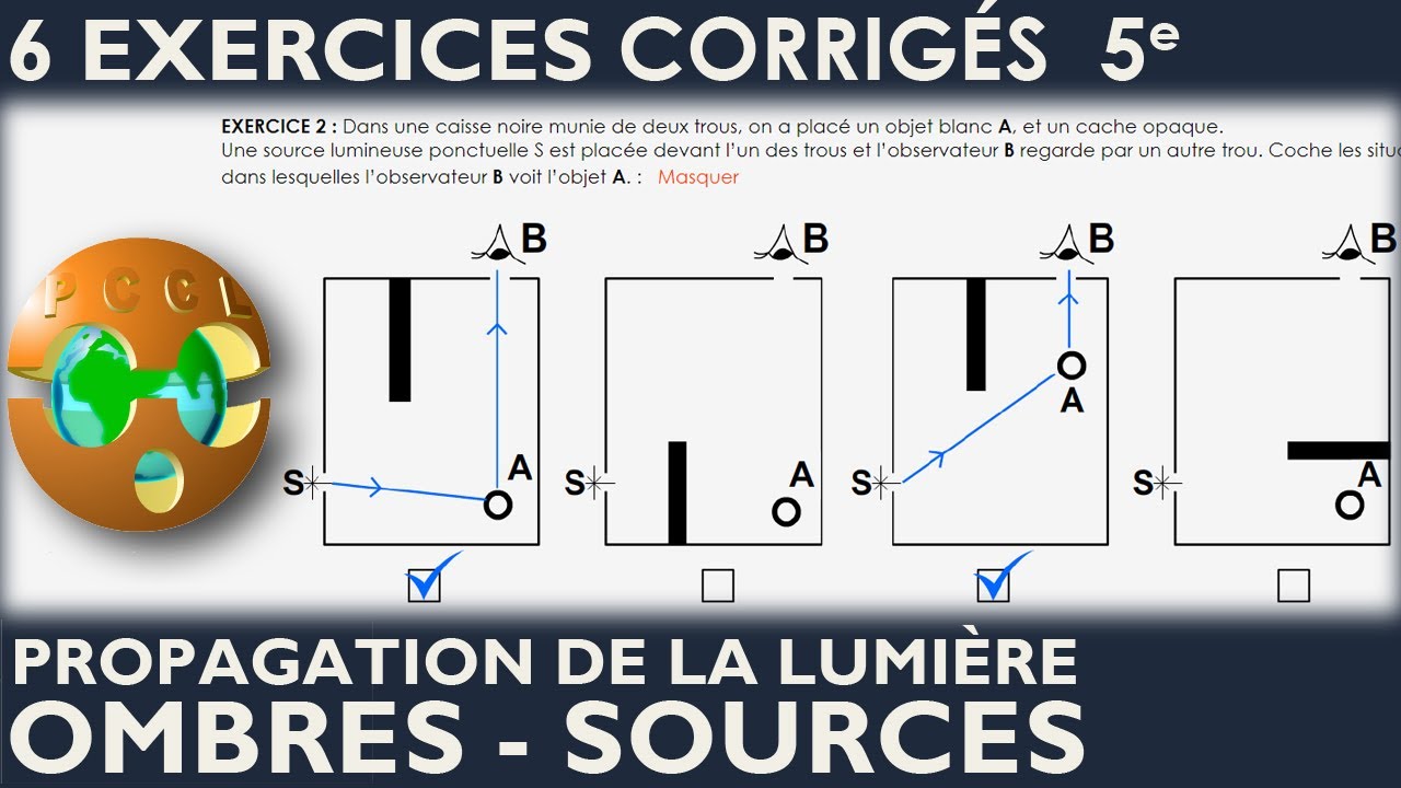 Propagation de la lumière - Ombres -  Sources - Objet diffusant - 6 exercices corrigés - Collège 5e