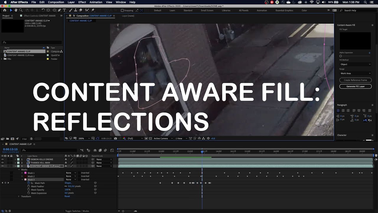 Продолжение работы с функцией Content Aware Fill в After Effects: устранение отражений