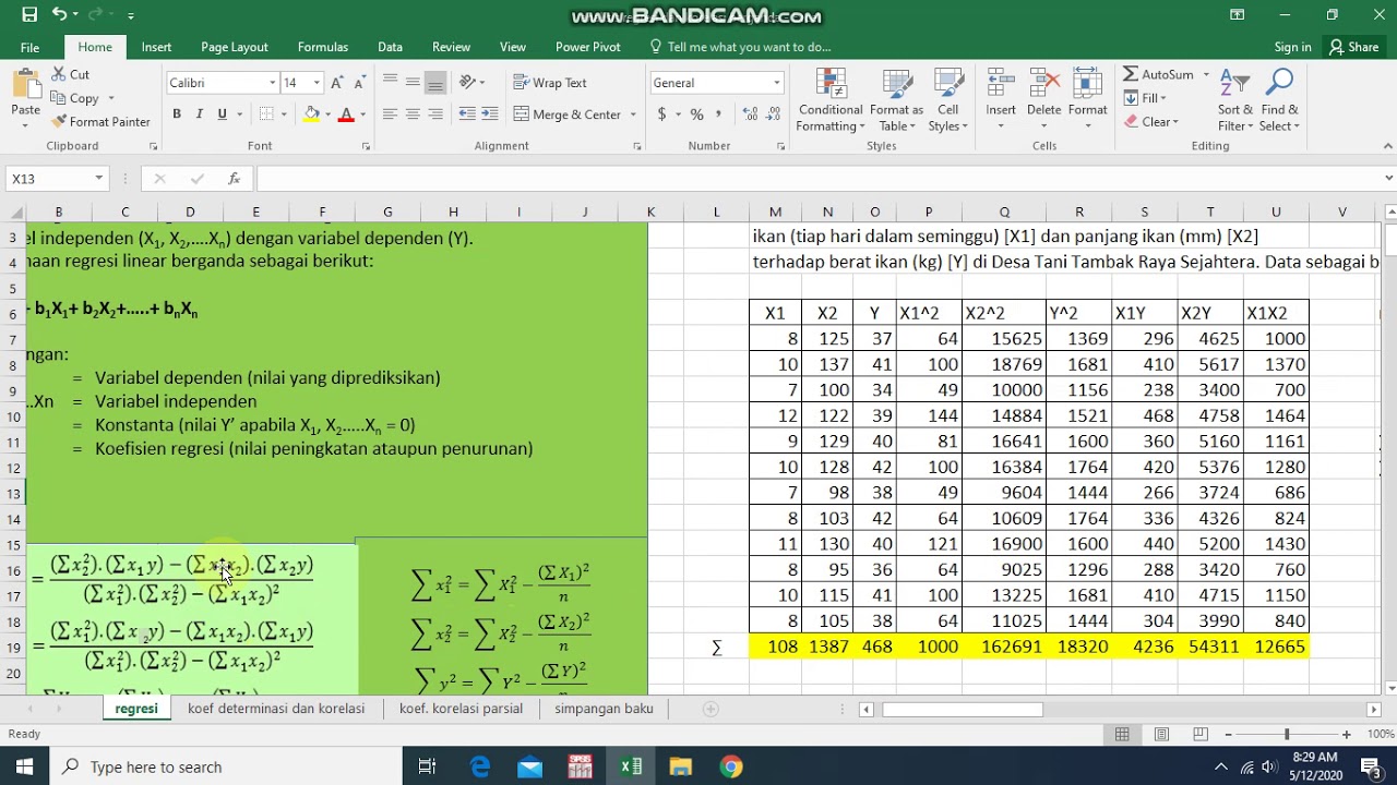 MENGHITUNG REGRESI LINEAR BERGANDA  MENGGUNAKAN MANUAL DAN EXCEL (DUA VARIABEL INDEPENDENT)
