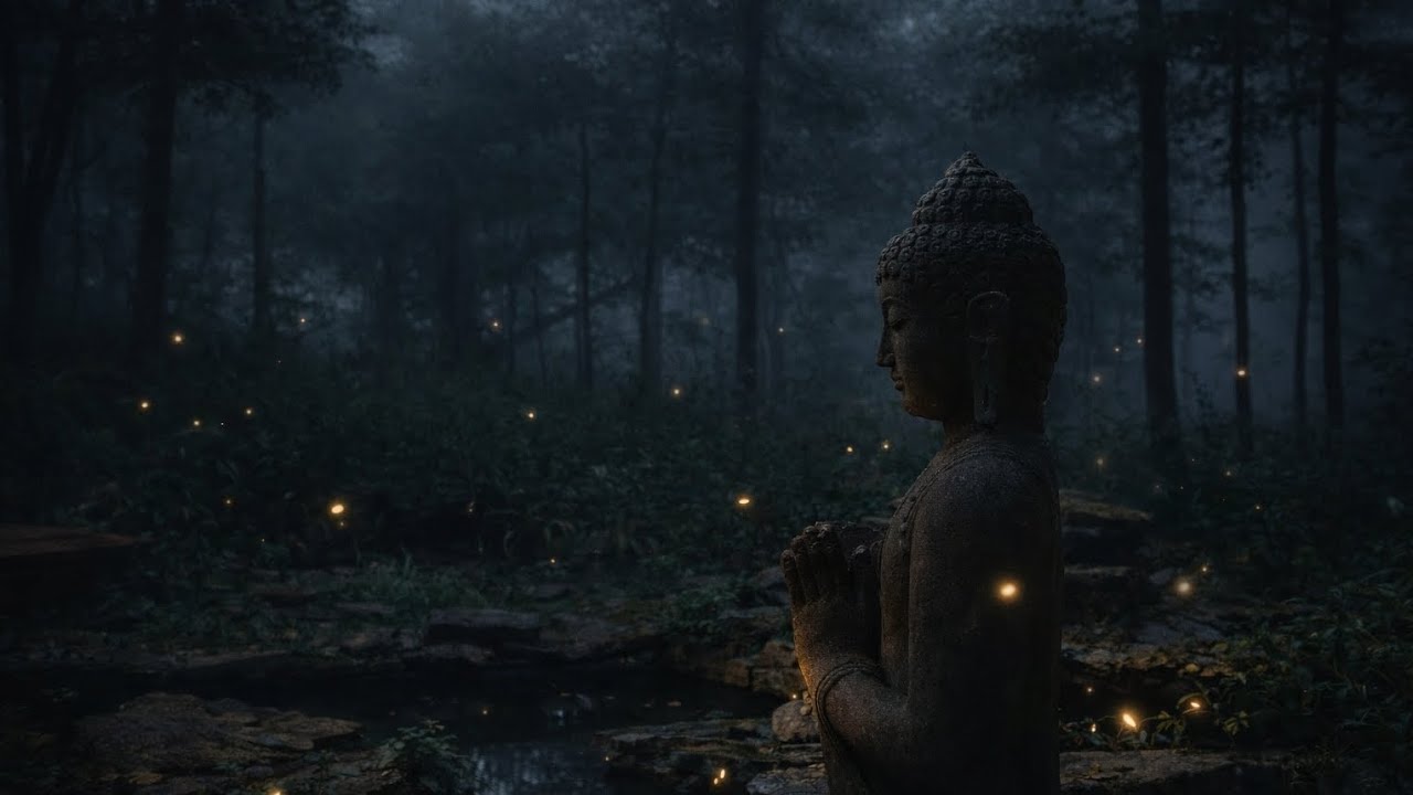 Forest Night Ambience with Distant Buddhist Chanting | Wind, Water & Birds (3 Hours)