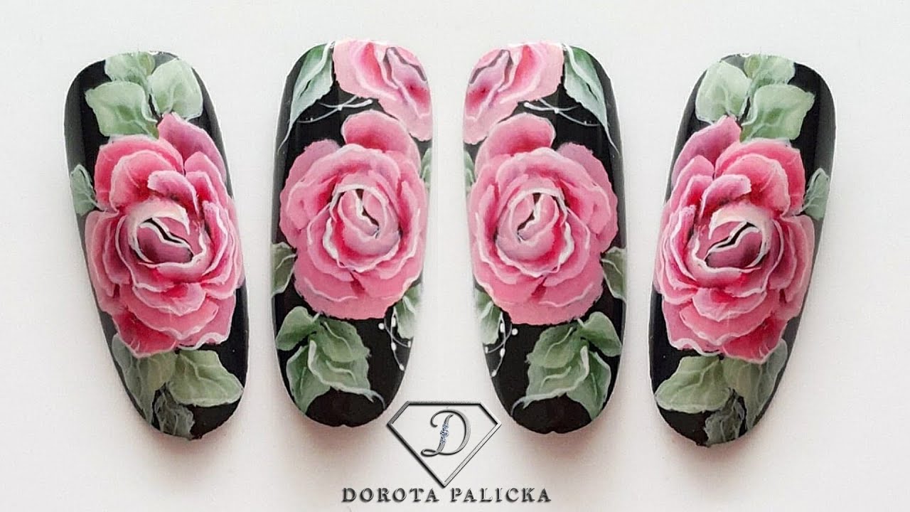 One stroke nail art peony rose flower painted with acrylic paints
