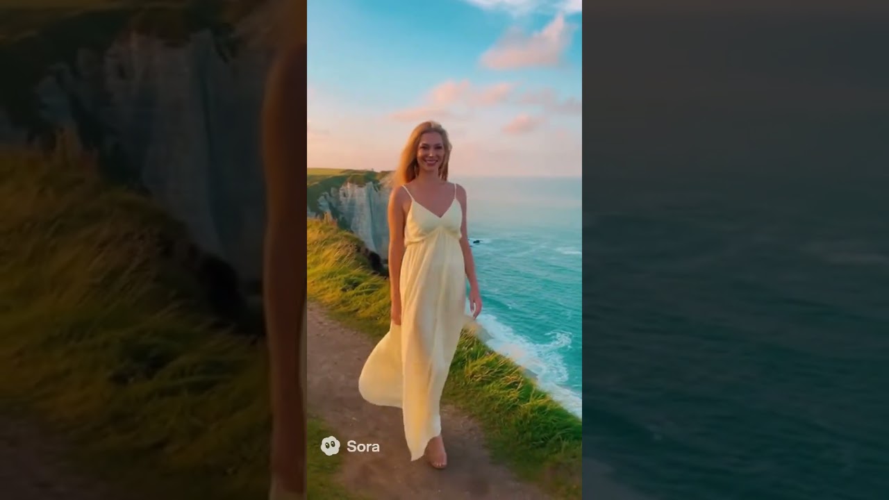 She walks along the cliffside path at &Eacute;tretat, France - Sora 2  #sora2
