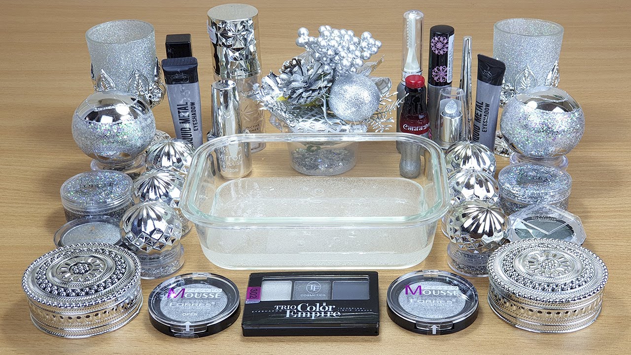 SILVER SLIME Mixing makeup and glitter into Clear Slime Satisfying Slime Videos