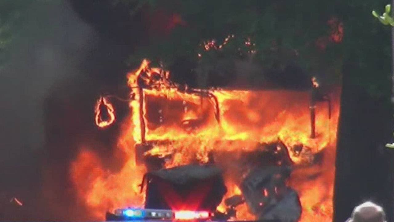 School bus catches fire, explodes