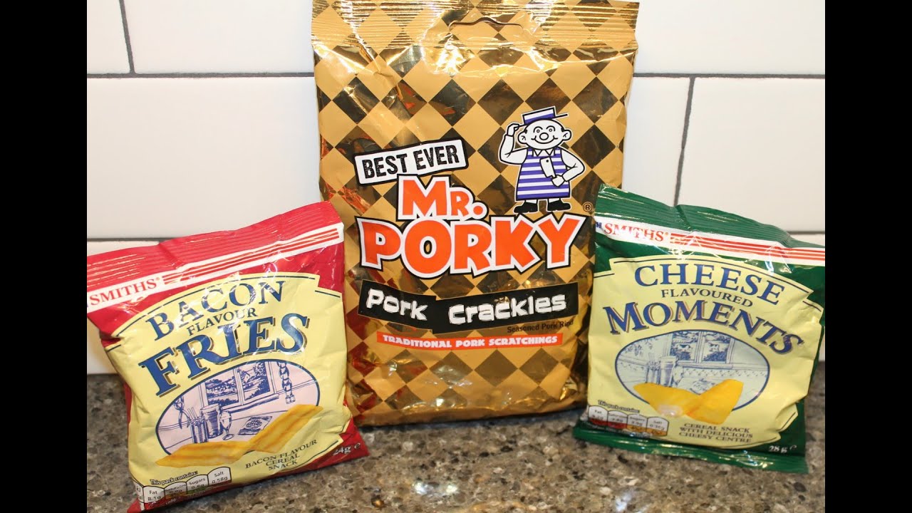 England Eatables #20 Mr. Porky Pork Crackles and Smiths Bacon Flavored Fries & Cheese Moments