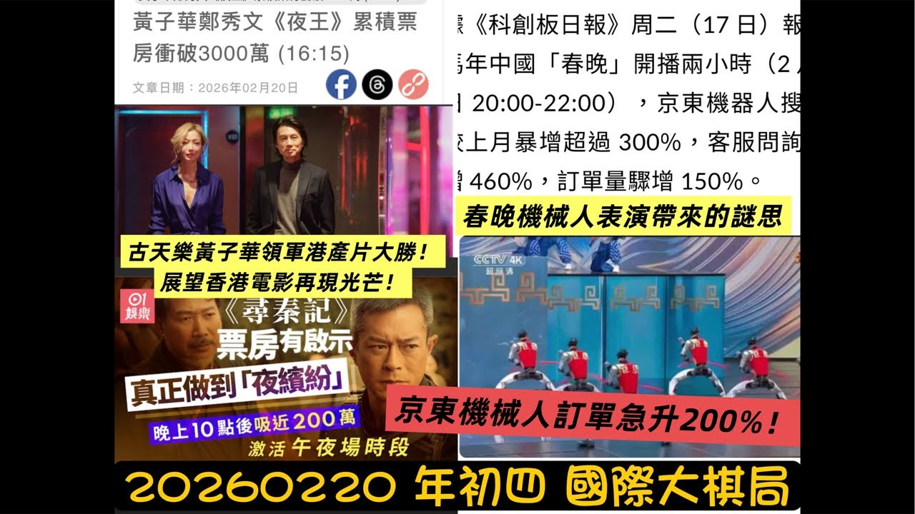 古天樂黃子華領軍港產片大勝！展望香港電影再現光芒！/ 春晚機械人表演帶來的謎思、京東機械人訂單急升200%！《20260220 年初四國際大棋局》#cantonese  #粵語
