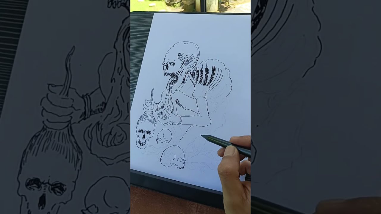 DNS STUDIO MUSIC & ARTS is live! Killer Skeleton Eating Skull 💀 Sketch till process pen and ink #art