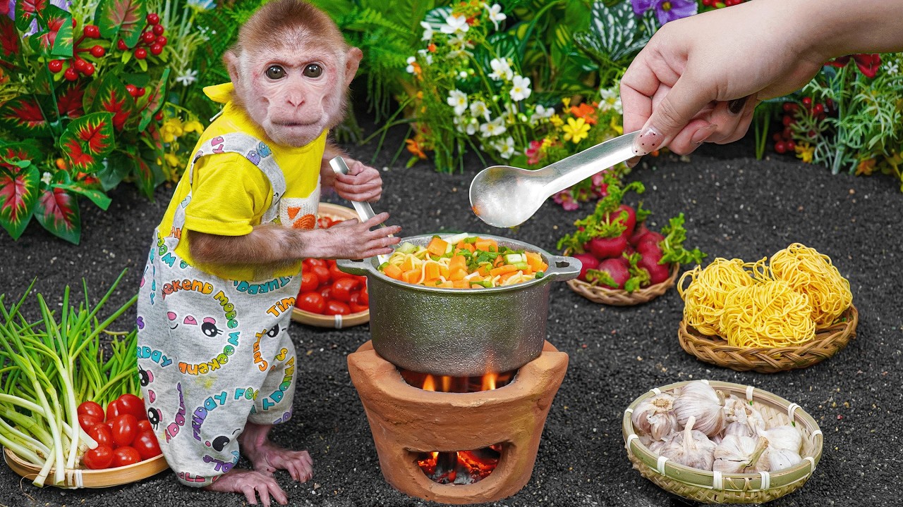 Monkey Xuka picks bell peppers at the farm to help his sister make vegetable noodle soup for lunch!