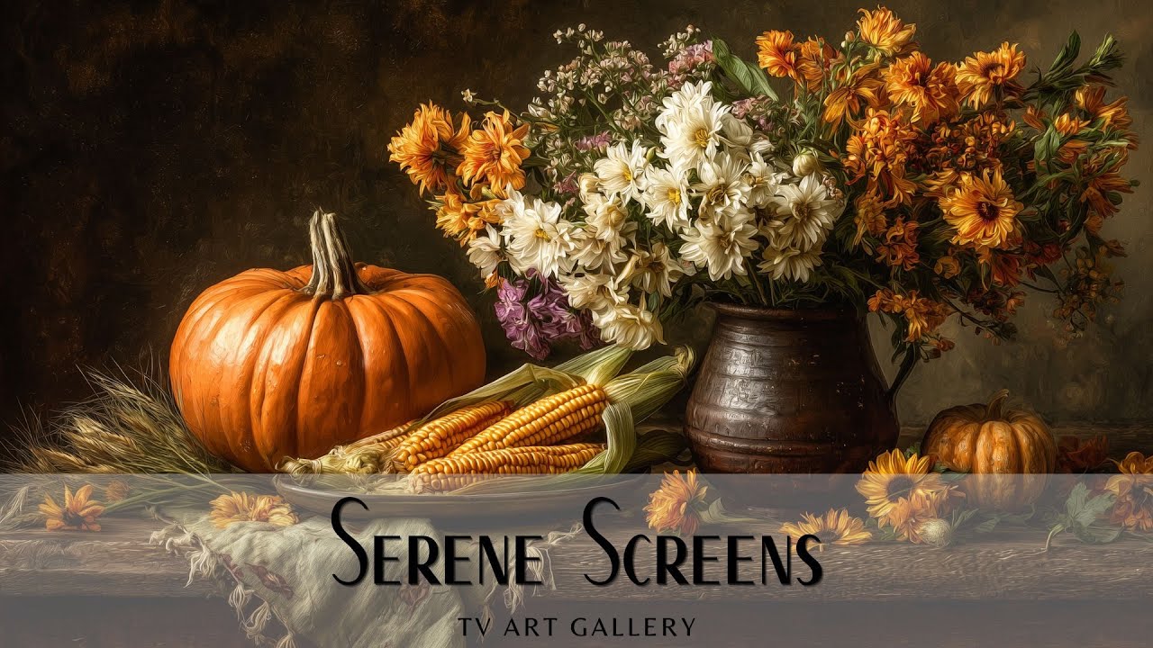 Autumn Harvest Thanksgiving Table With Flowers and Pumpkin - TV Art Display, Wallpaper, Background