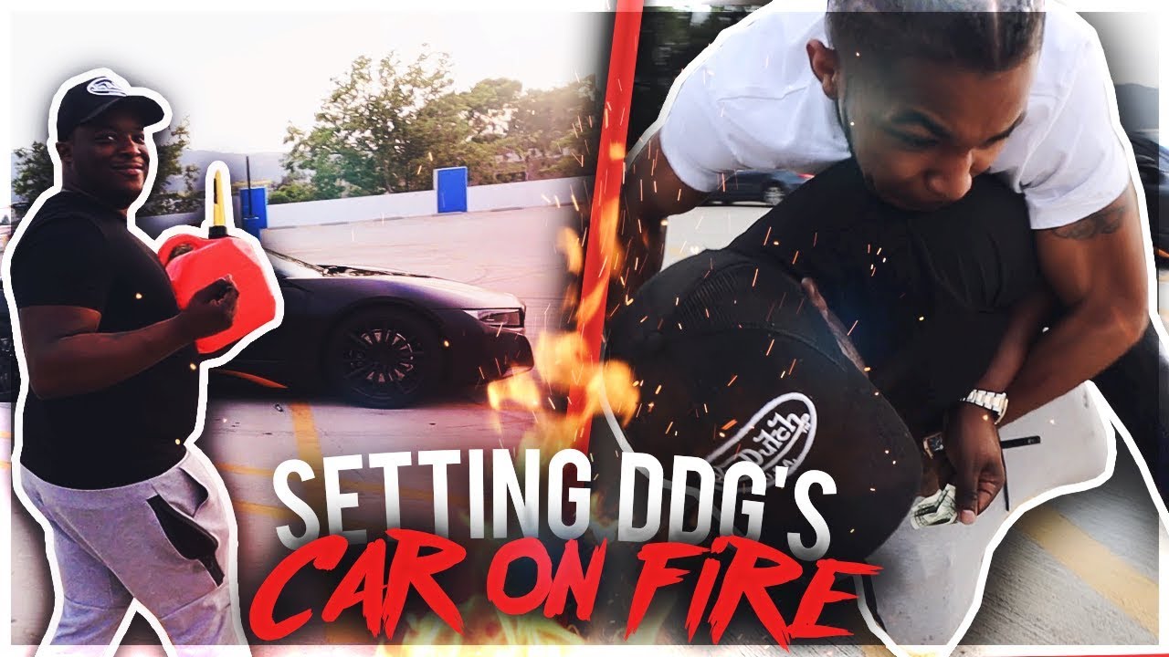 LIGHTING DDG'S NEW i8 ON FIRE PRANK !!! * crazy reaction *