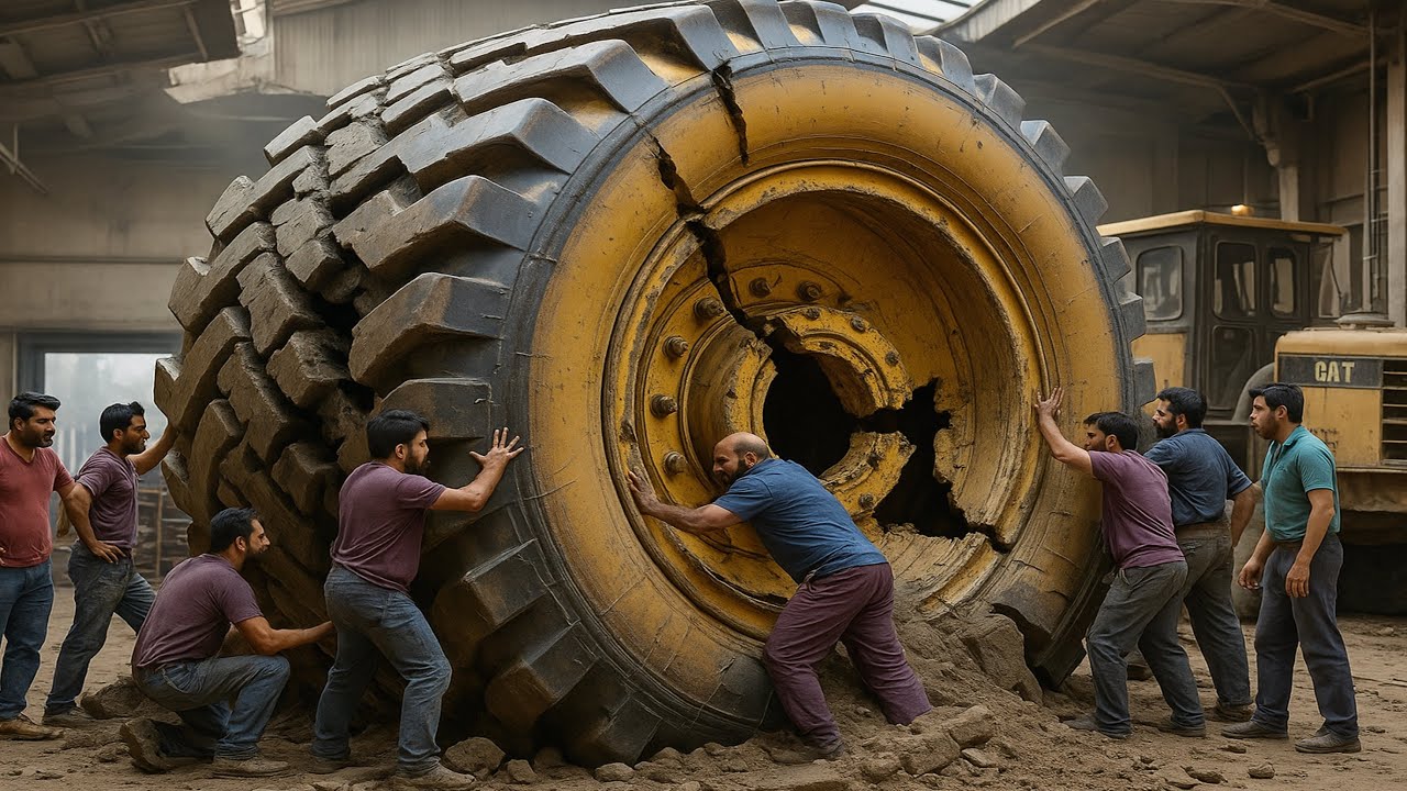 CAT Tyre Burst Under Extreme Load | The Full Reinforced Replacing Process | CAT Shredded Tyre