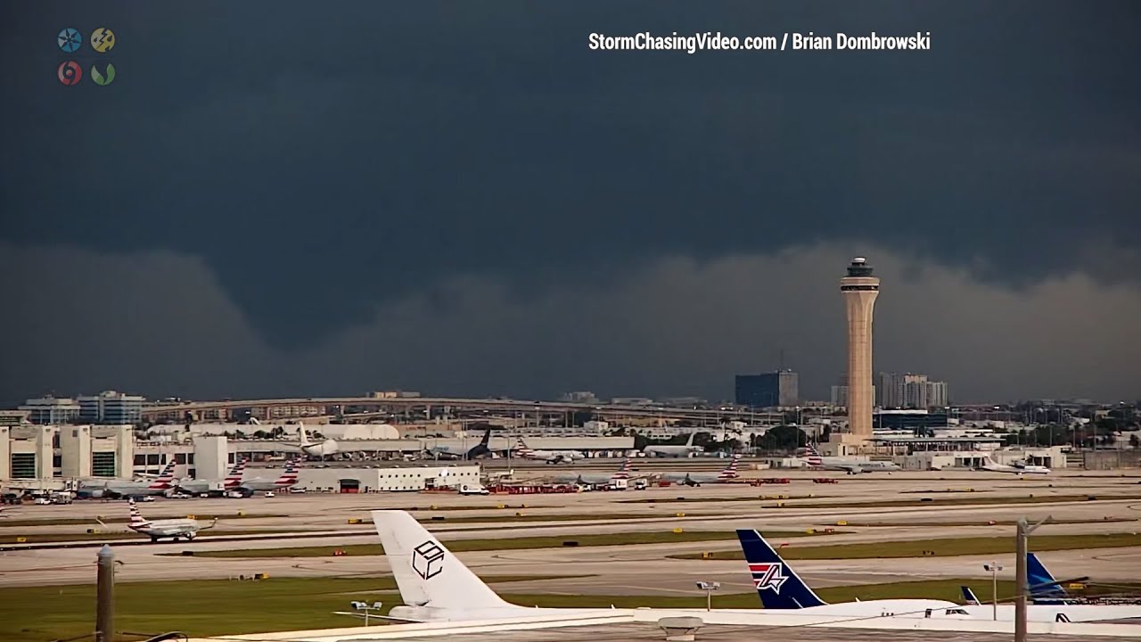 Airplanes in Thunderstorm And Lightning at Miami International Airport