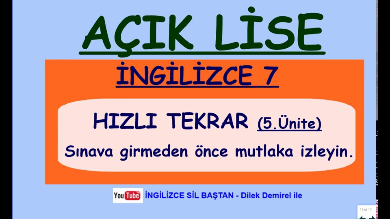 Açık Lise İNGİLİZCE 7 (5. Ünite)
