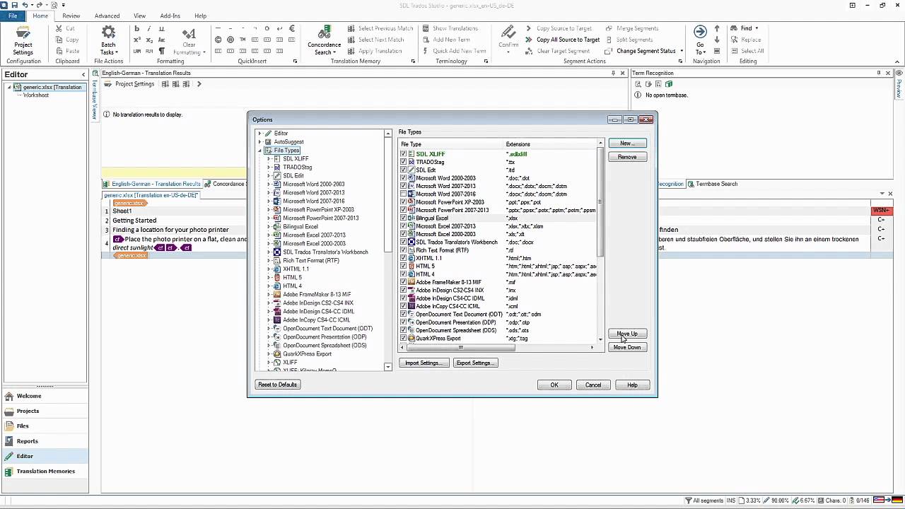 SDL Trados Studio 2015 - korzystanie z filtru do dwujęzycznych plików Excela