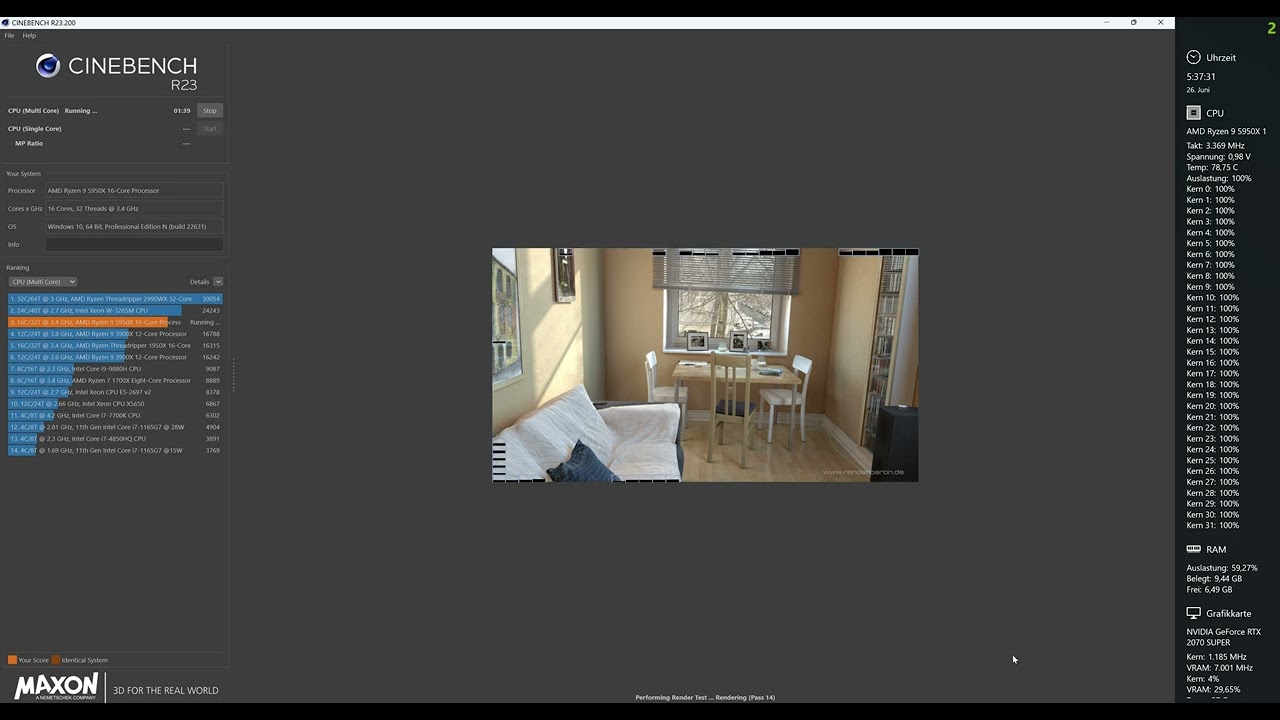 5950x mit Wraith Prism Luftkühler Cinebench 23