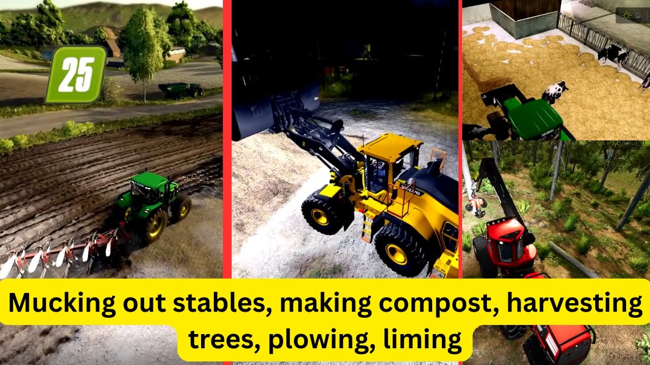 Mucking Out Stables, Making Compost, Harvesting Trees, Plowing, Liming - Farming Simulator