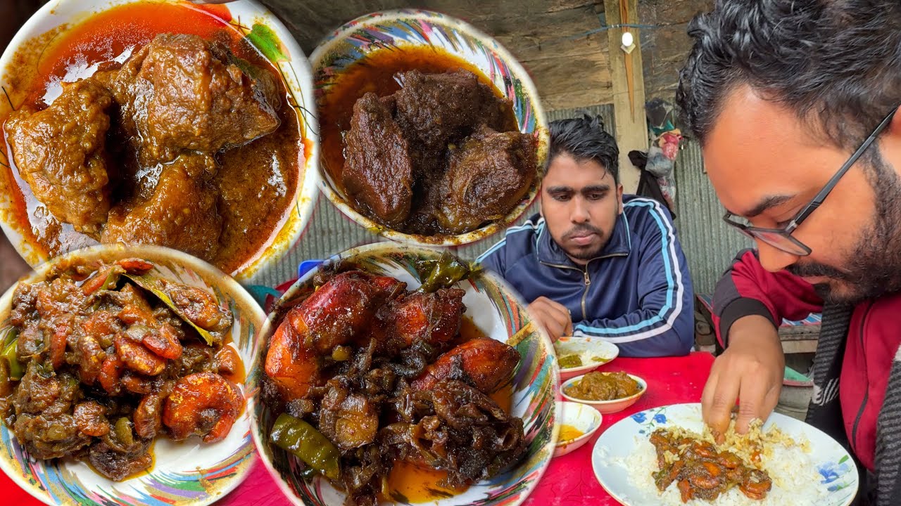Eating Lunch(Rice & Spicy Meat Curry, Shrimp Gravy) With Friends at Golam Hotel, Enayetpur