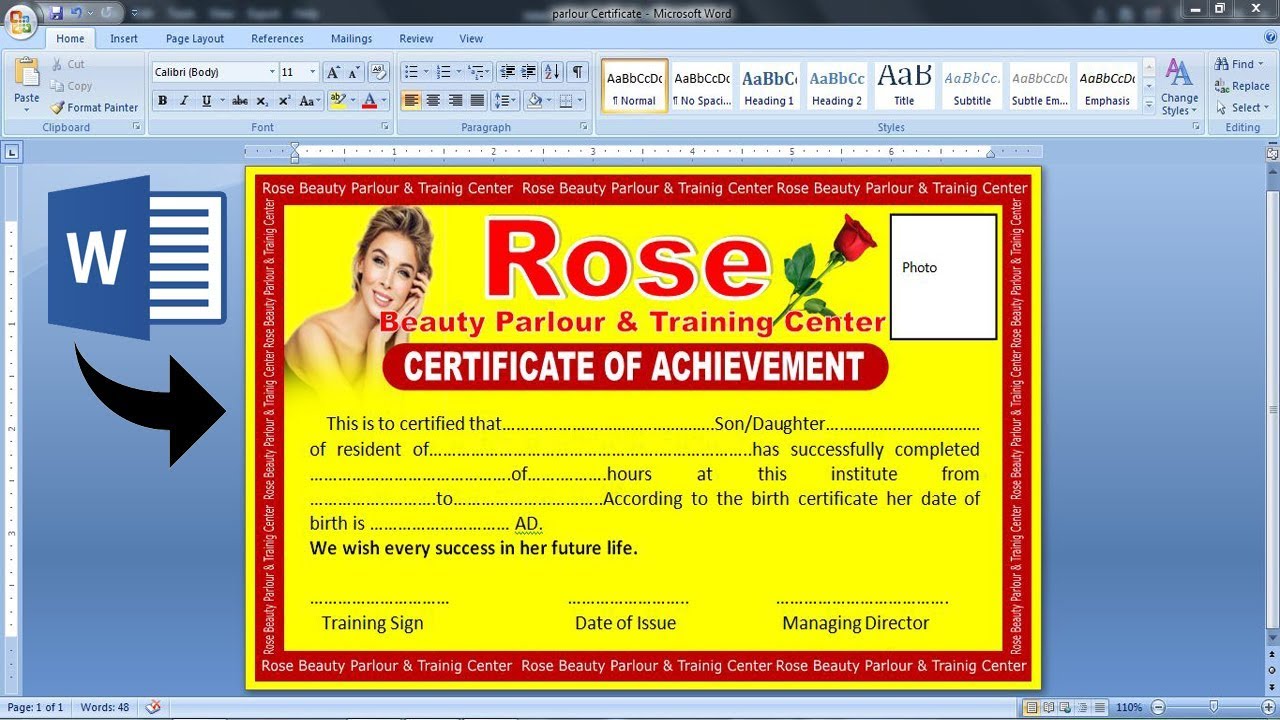 Beauty Parlor Certificate Design in ms word || how to make parlor Certificate Design using ms word