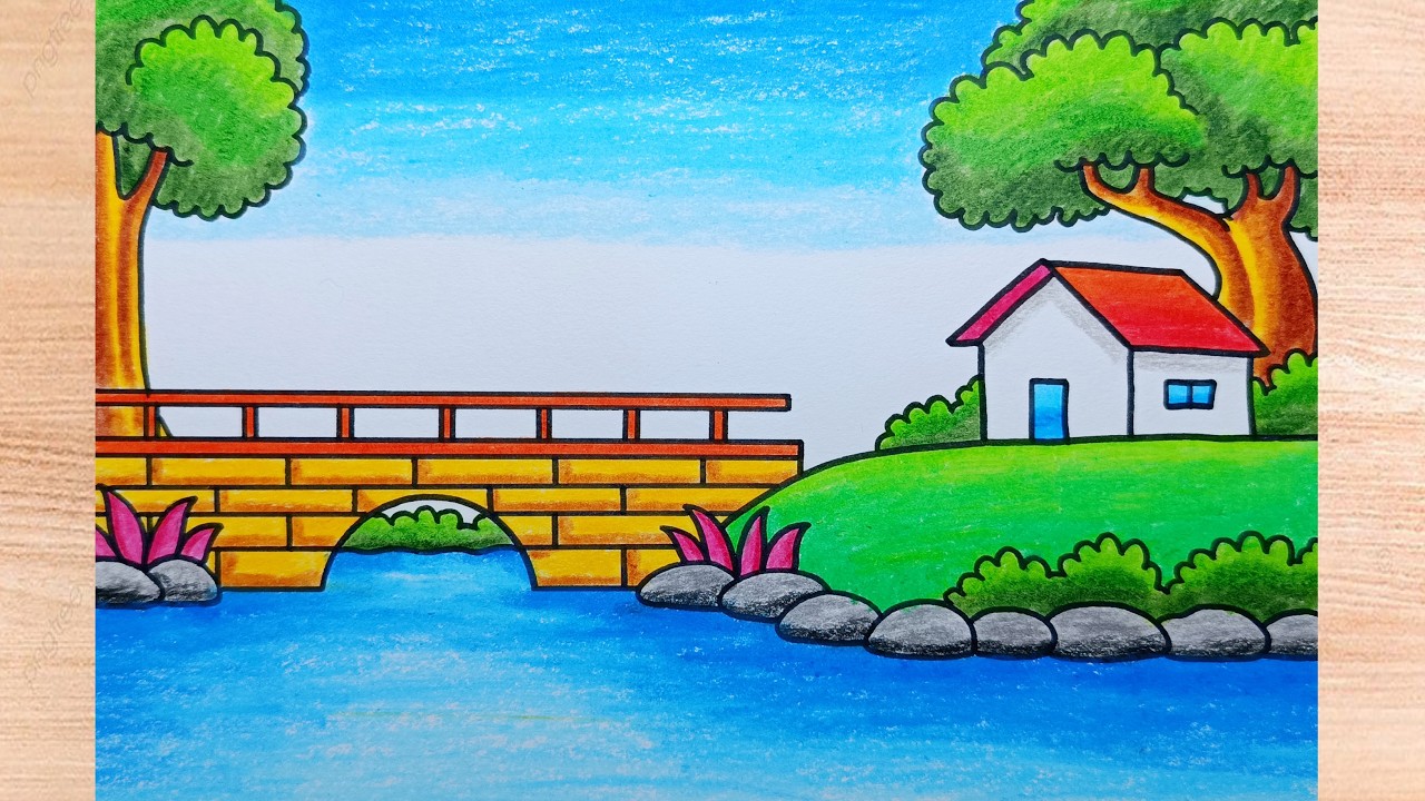 How to Draw a Countryside Scenery and a Bridge || Drawing a Village Scenery by a River
