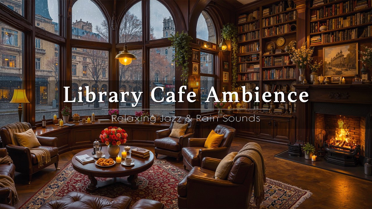 Cozy Library Cafe Ambience with Soft Jazz Background Music ☕ Soft Rain & Fireplace Sounds for Calm