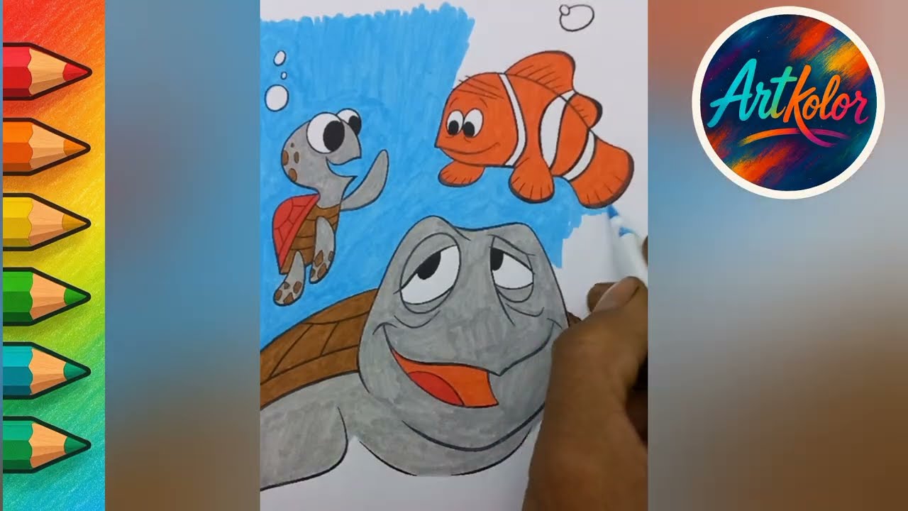 Coloring Cute Sea Turtle & Fish Relaxing Coloring Art Process #nemo