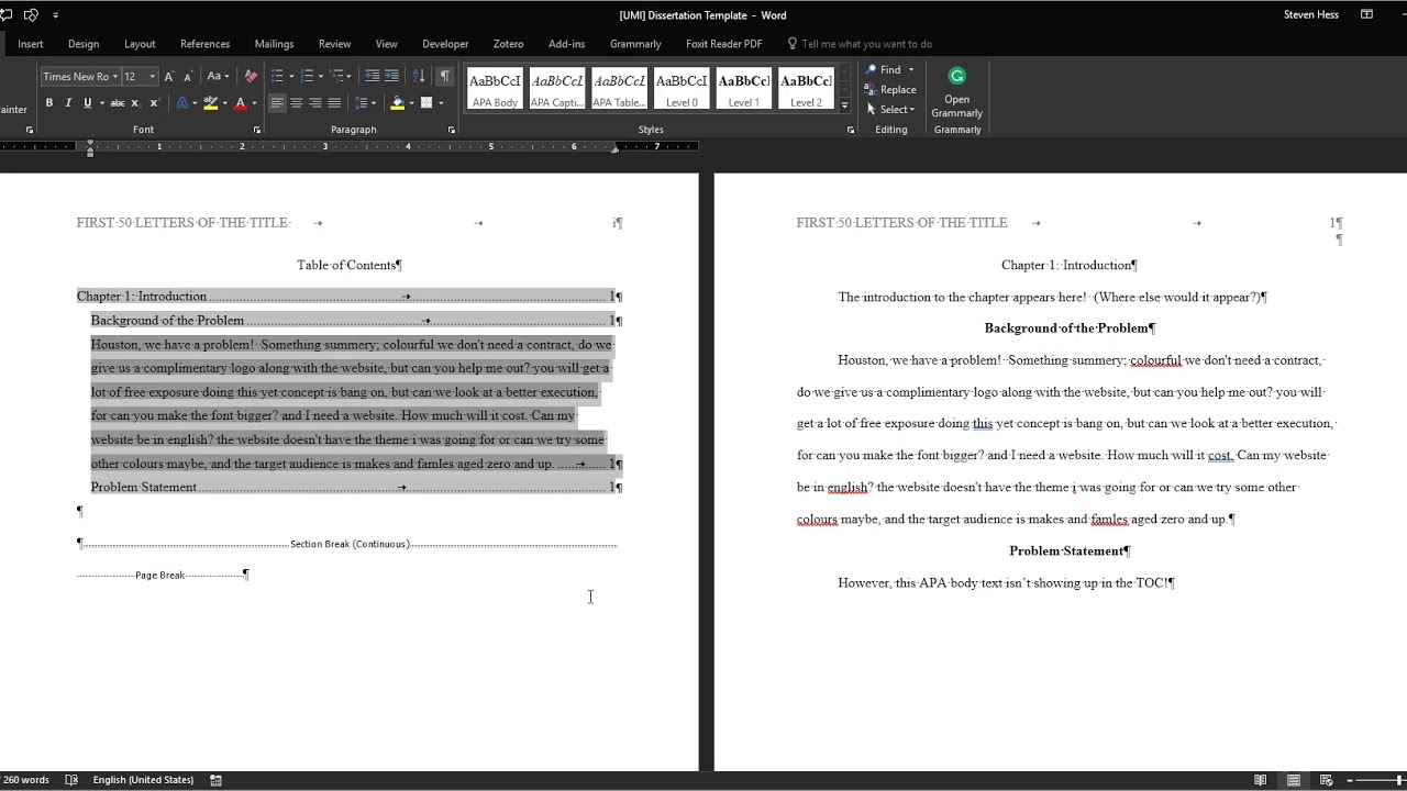 Table of Contents  - When Body Text Appears in the TOC