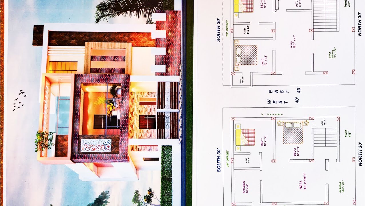 30 x 40 North face duplex house plan with front elevation design