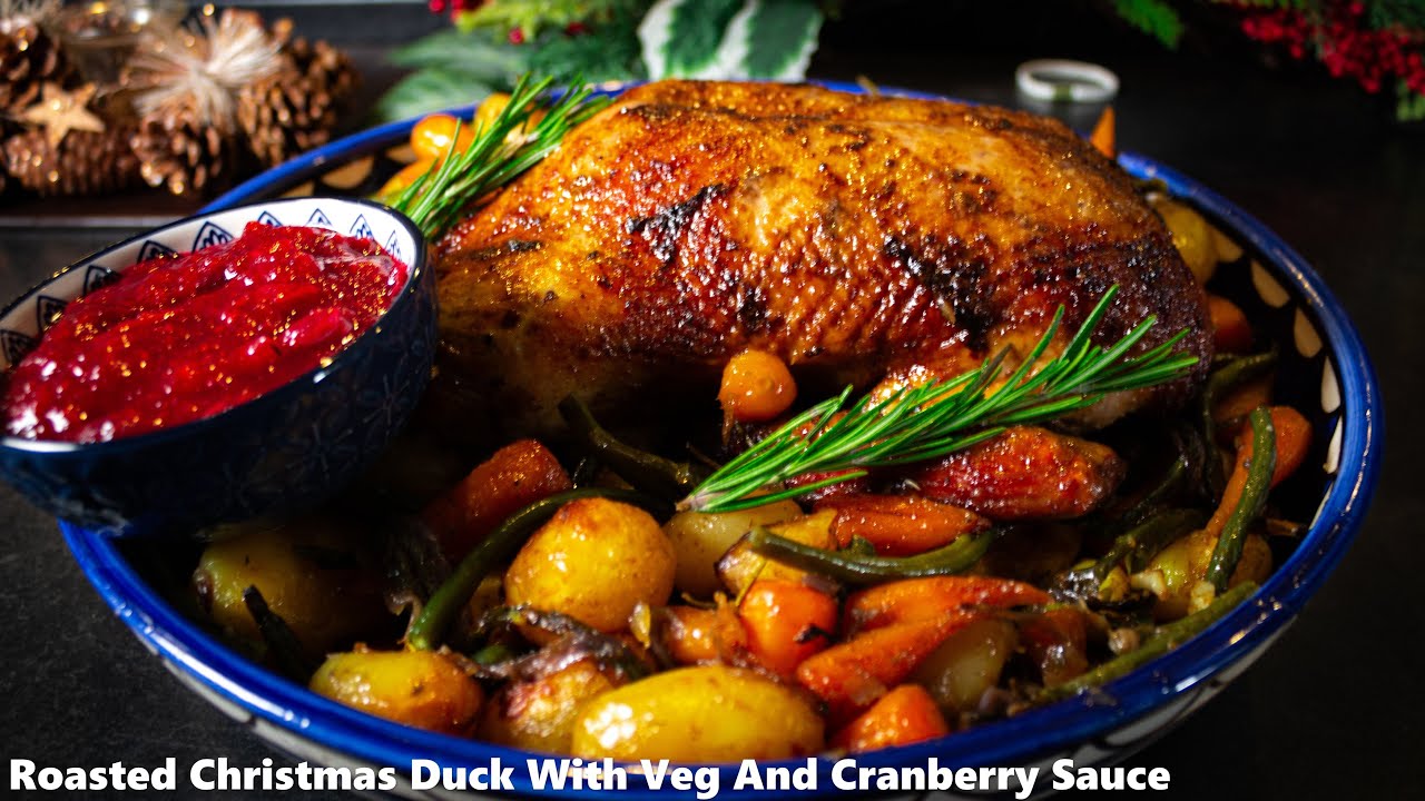 Roasted Christmas Duck With Roasted Veg And Cranberry Sauce