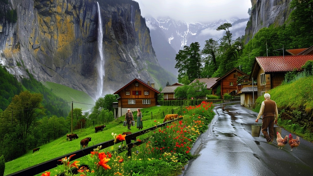 Rainy Day in SWITZERLAND 🌧️ Grindelwald 🇨🇭 4K Most Beautiful Villages. Walking in the Rain
