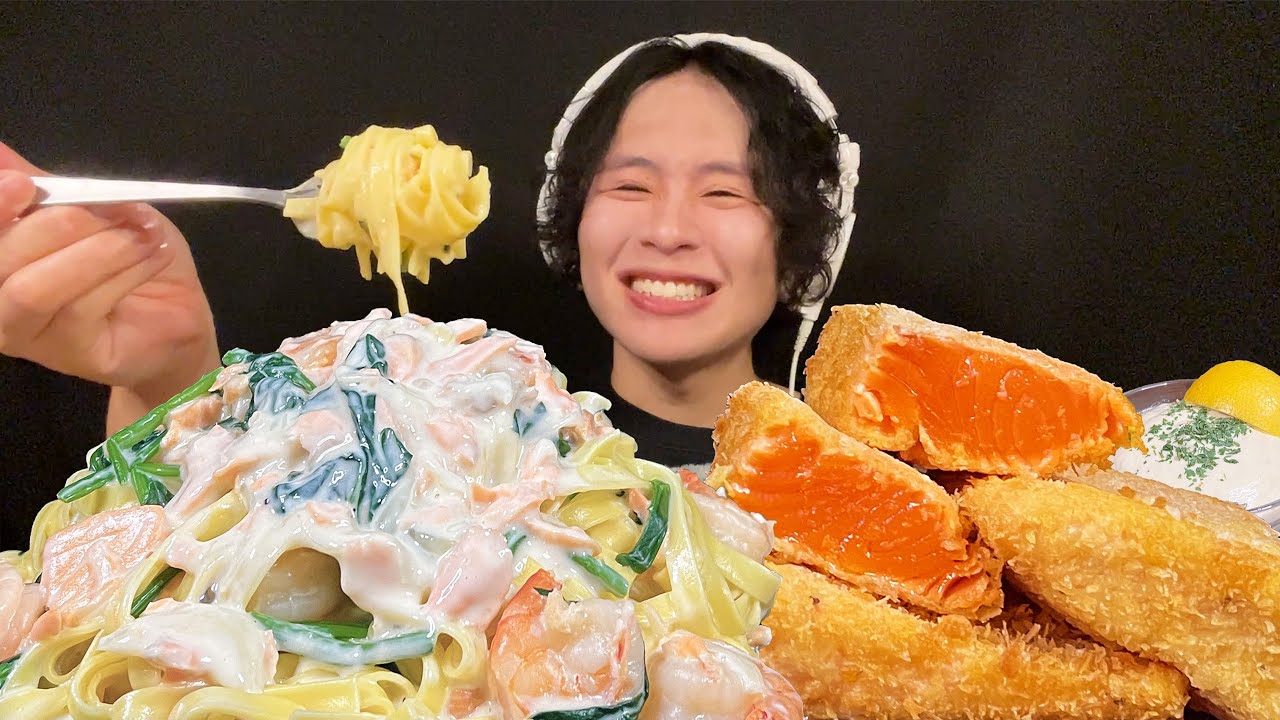 ASMR 鮭とほうれん草のクリームパスタ&サーモンレアカツ‼️【咀嚼音/mukbang/Eating Sounds】