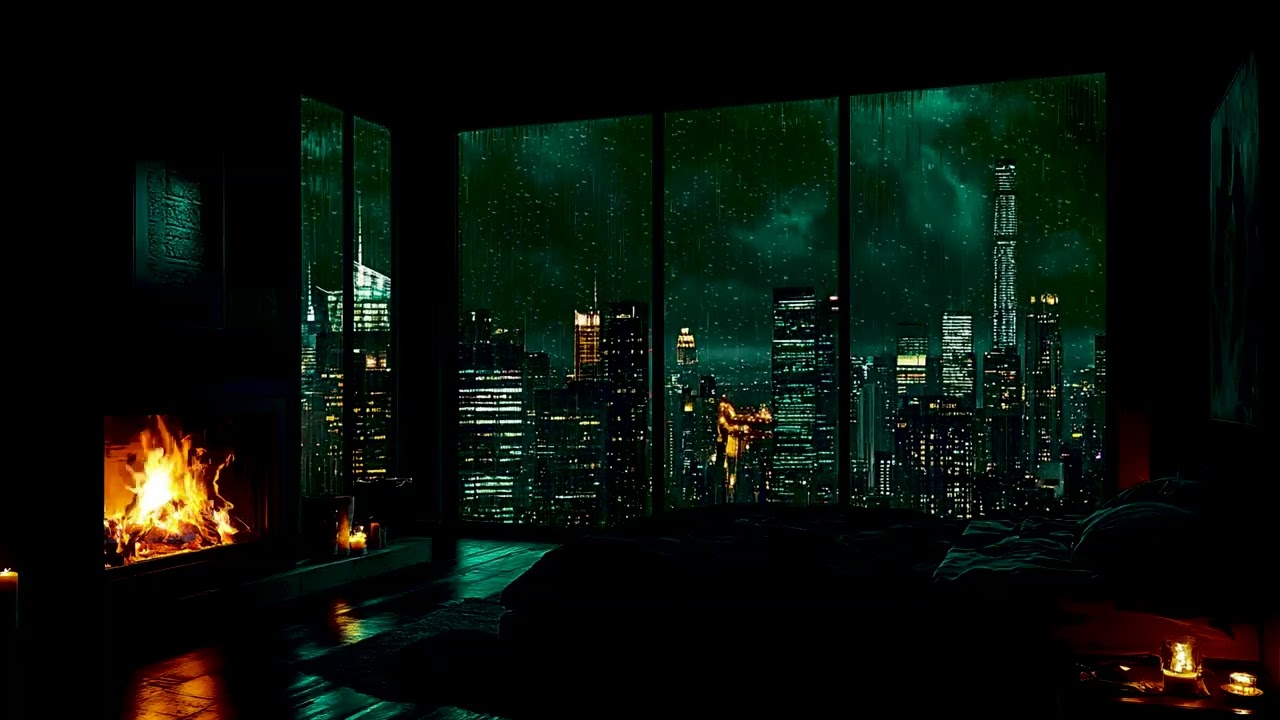 Thunder Rain Soundscape for Deep Rest – Cozy Fireplace Warmth on a Rainy Window Night