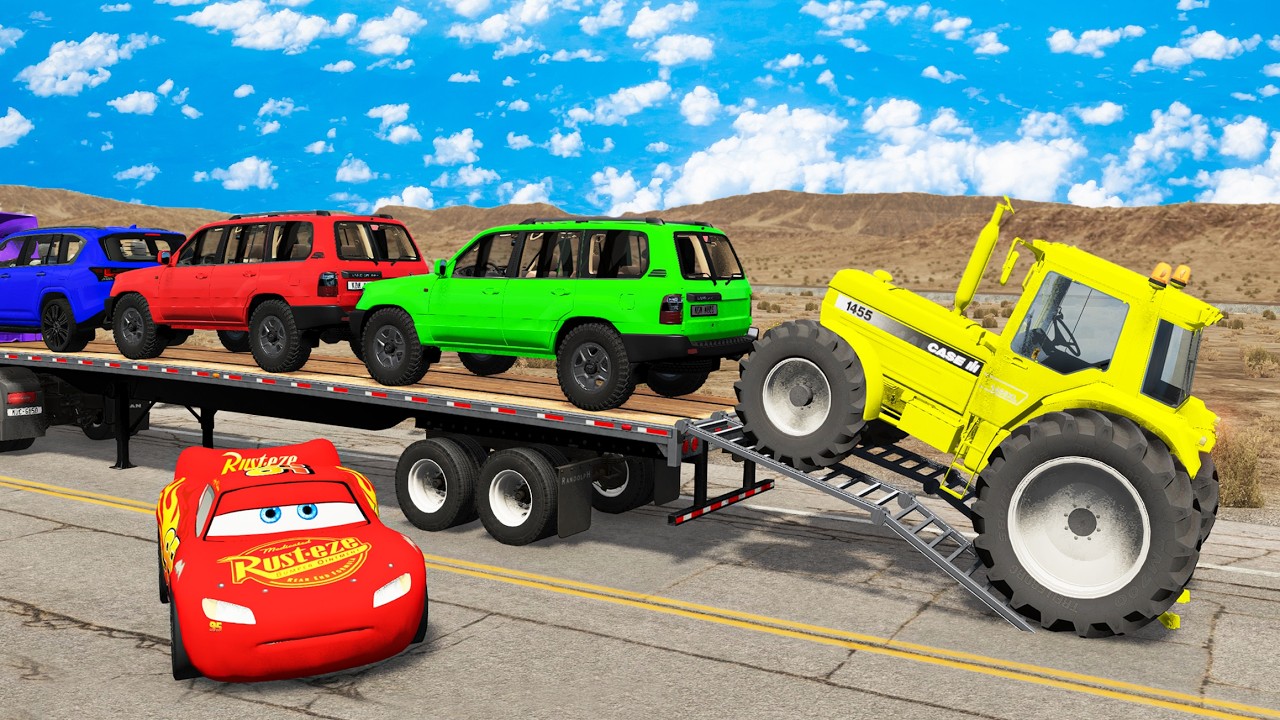 TRANSPORTING PIXAR CARS & FRUITS WITH COLORED & JOHN DEERE vs CLAAS vs TRACTORS - BeamNG.drive #962