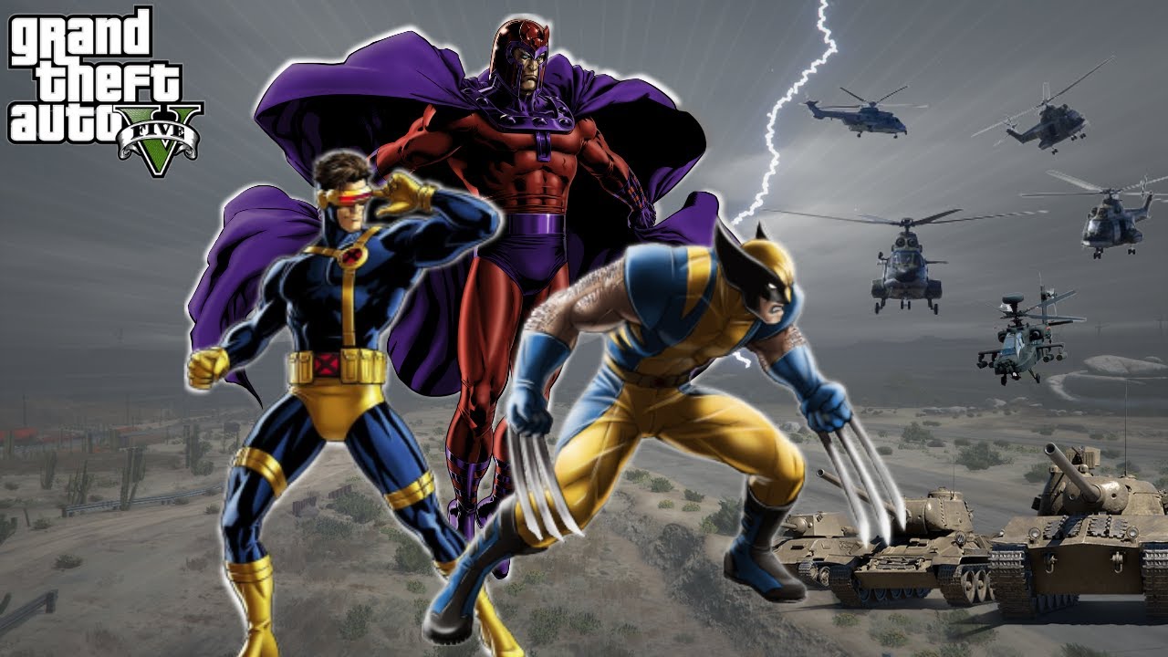 GTA 5 - Wolverine, Cyclops And Magneto Vs Army | X-Men Origin.