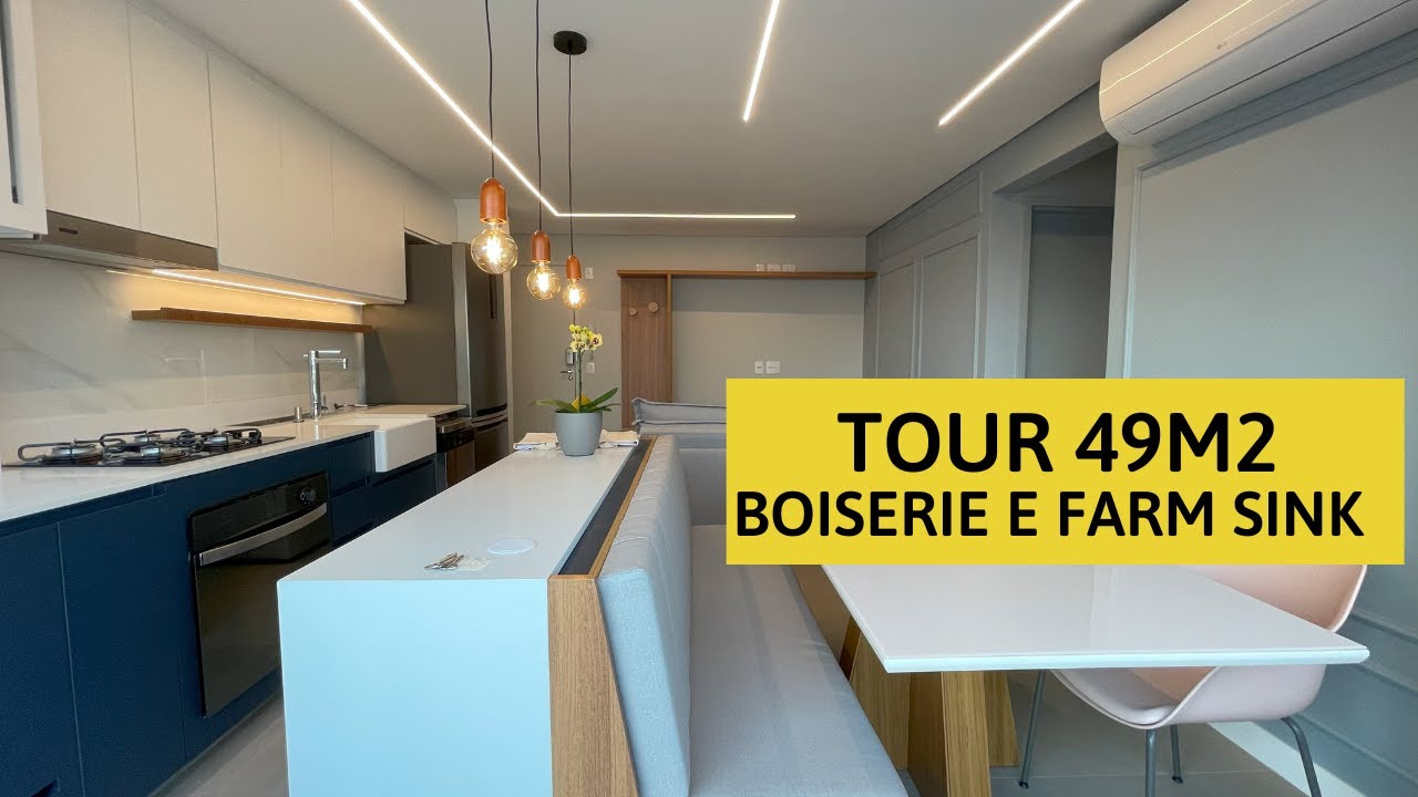 Tour 49m2 todo integrado com boiserie  e farm sink
