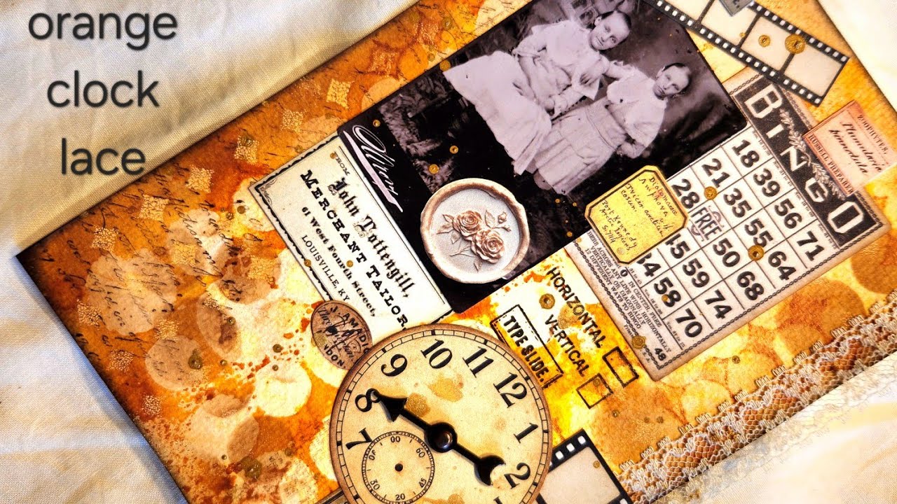 #cccjlc Creative Collage Challenge; Clock, Orange & Lace #timholtzproducts 