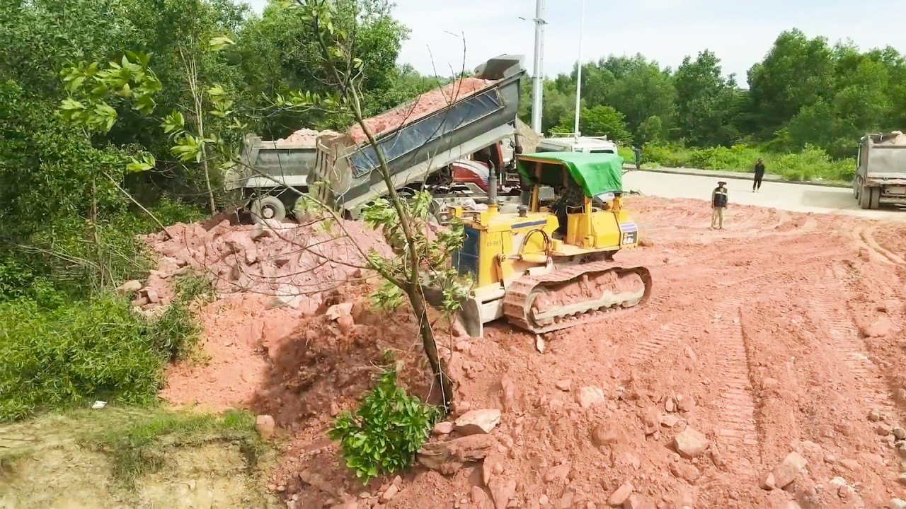 Amazing Large Move On Stone Filling Low Land Using Heavy Bulldozers Push Rock With Big Dump Trucks