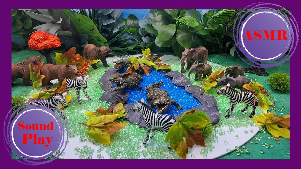 ASMR Tapping Safari Animals By Water Oddly Satisfying Relaxing Sound Play Mini Diorama 