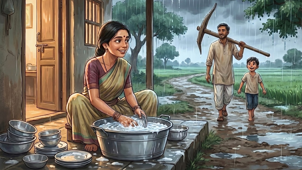 1990s Rainy Indian Village Life 🌧️ A Village Mother Waiting for Her Family  Ghibli Style ASMR