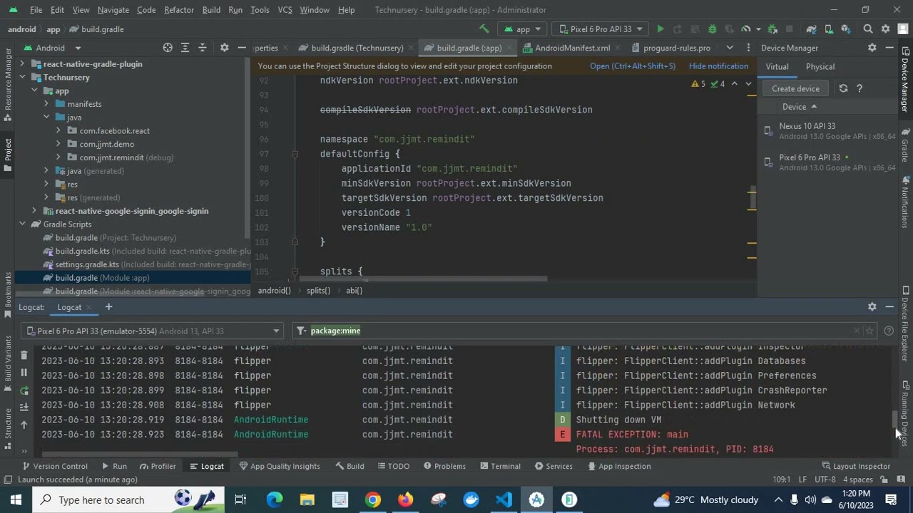 Приложение постоянно останавливается, ошибка в эмуляторе Android Studio и React Native решена с п...
