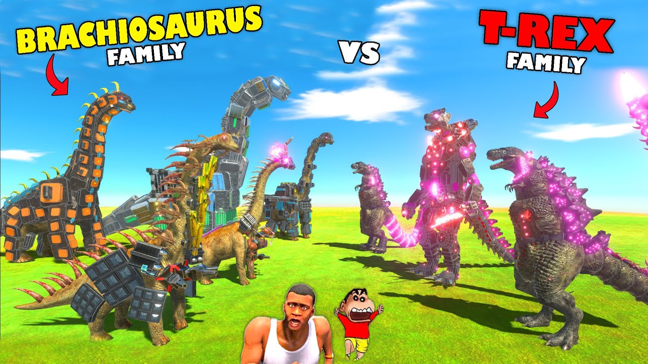 SHIN GODZILLA with T-REX FAMILY fights BRACHIOSAURUS FAMILY in Animal Revolt Battle Simulator | CHOP