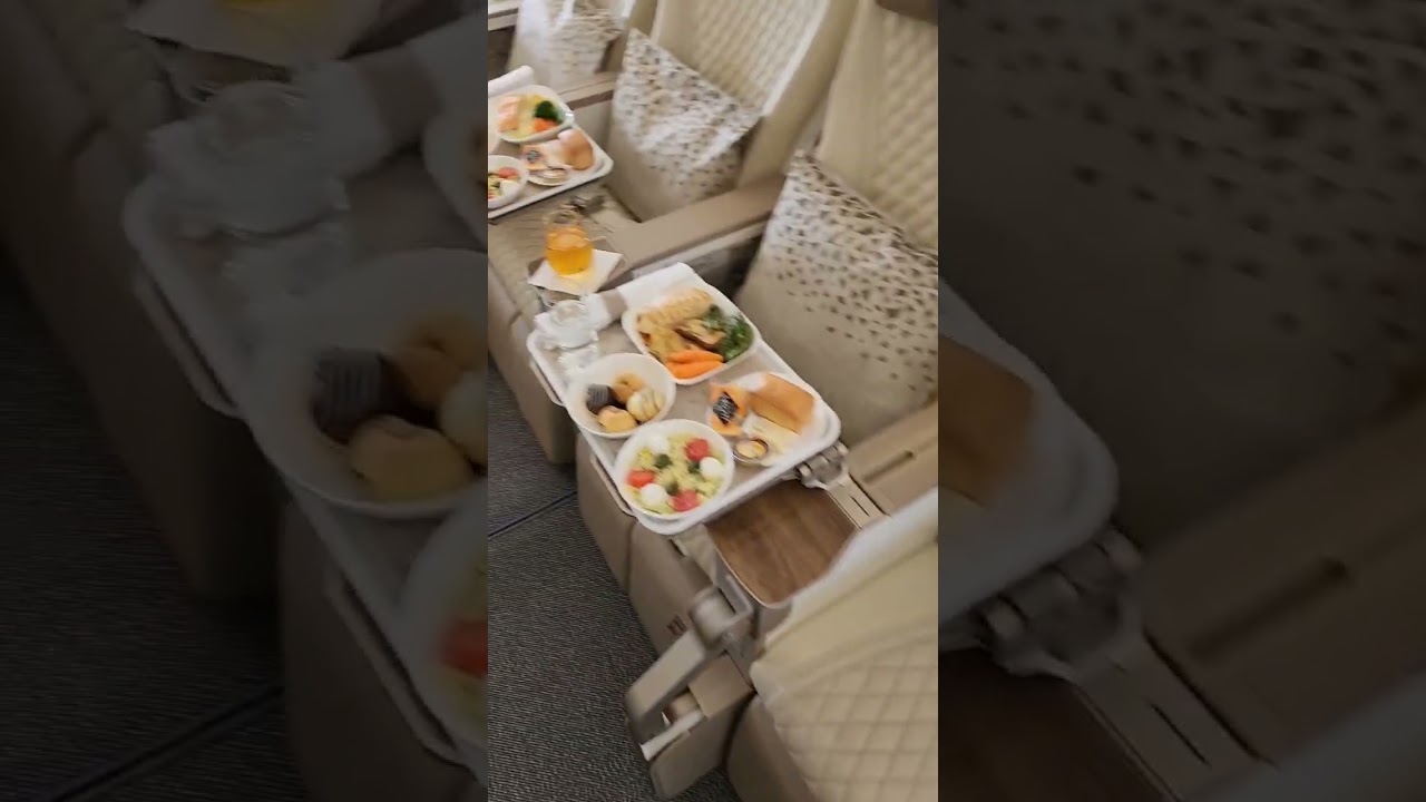 Emirates Premium Economy meals on the Airbus A380 #shorts Have you flown this cabin yet?