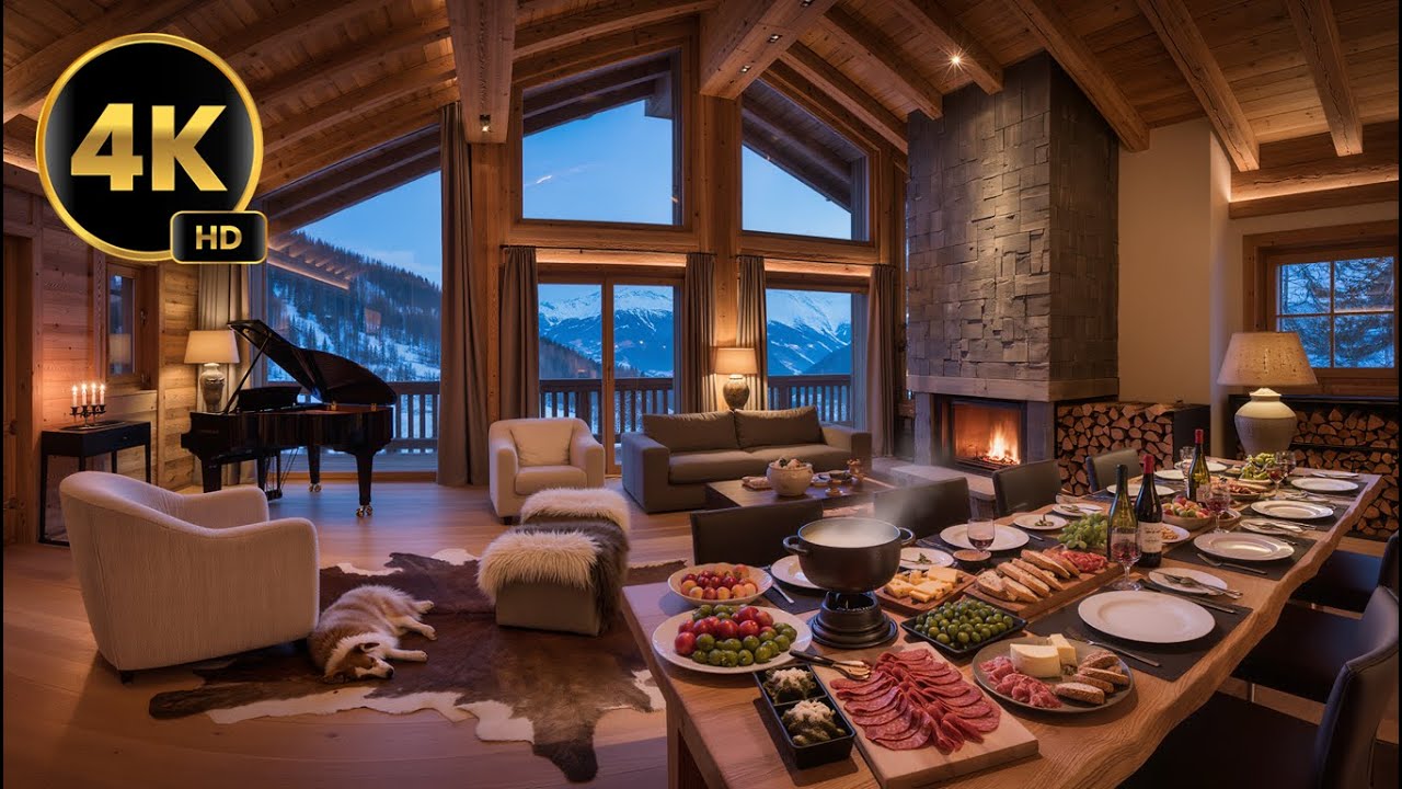 Quiet Piano Jazz for a Cozy Winter Dinner 🕯️ | Mountain Chalet Evening Ambience (4K)