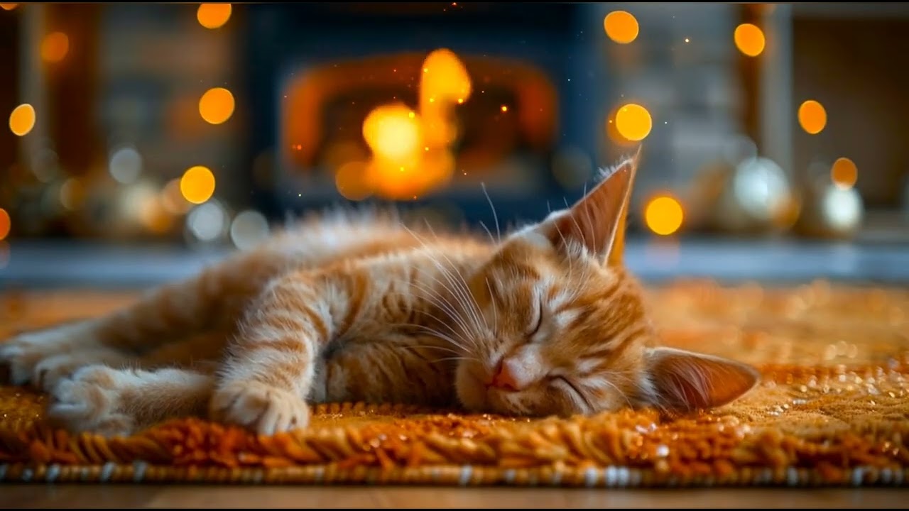 Cozy Fireside Relaxation: A Ginger Kitten Sleeping on an Orange Blanket |