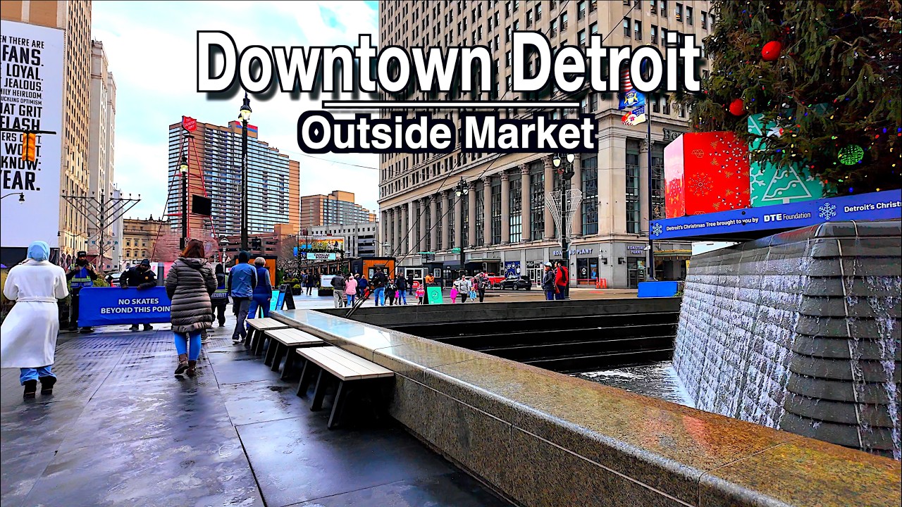 Detroit Downtown Michigan Winter Walk Day Walk | 4K 60FPS | City Sounds